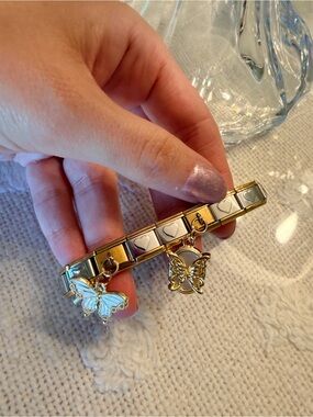 Butterfly Italian Charm Bracelet Duo Tone Hearts 18 Link Stretch Bracelet